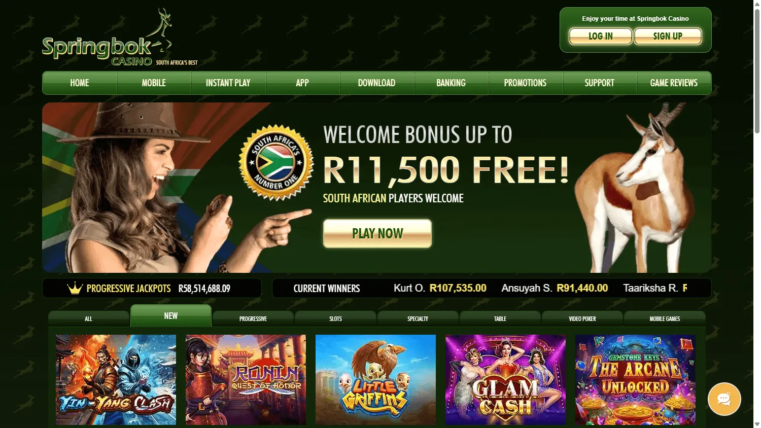 Springbok Casino home screen on desktop