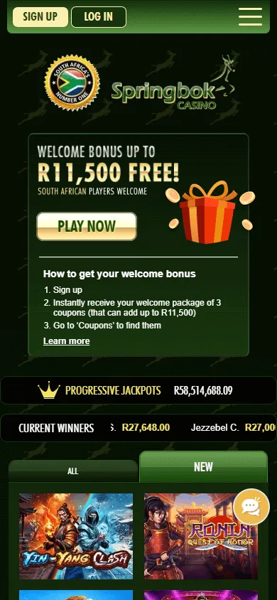 Springbok Casino home screen on a mobile device