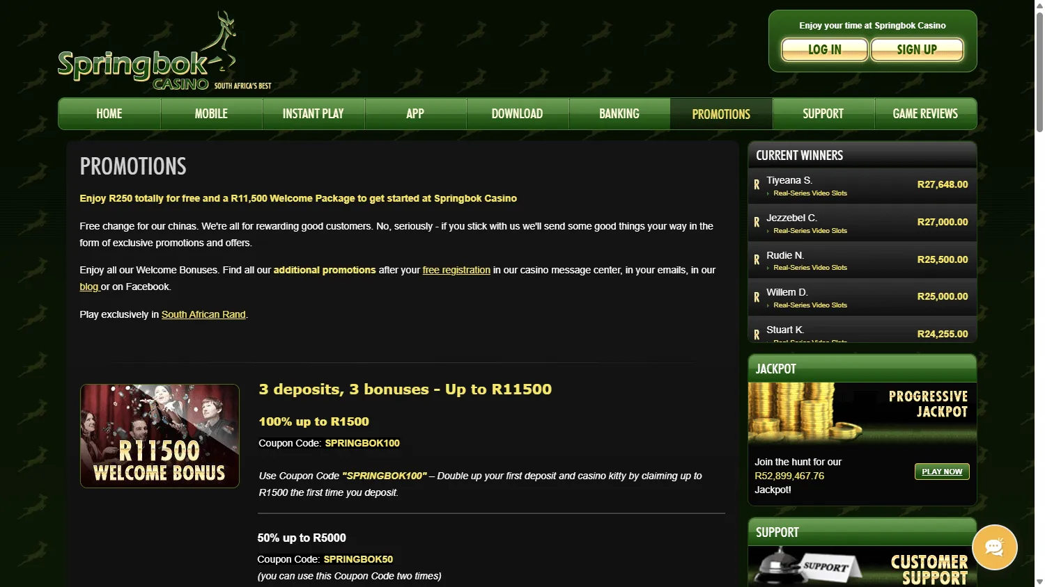 Springbok Casino promotions screen on desktop